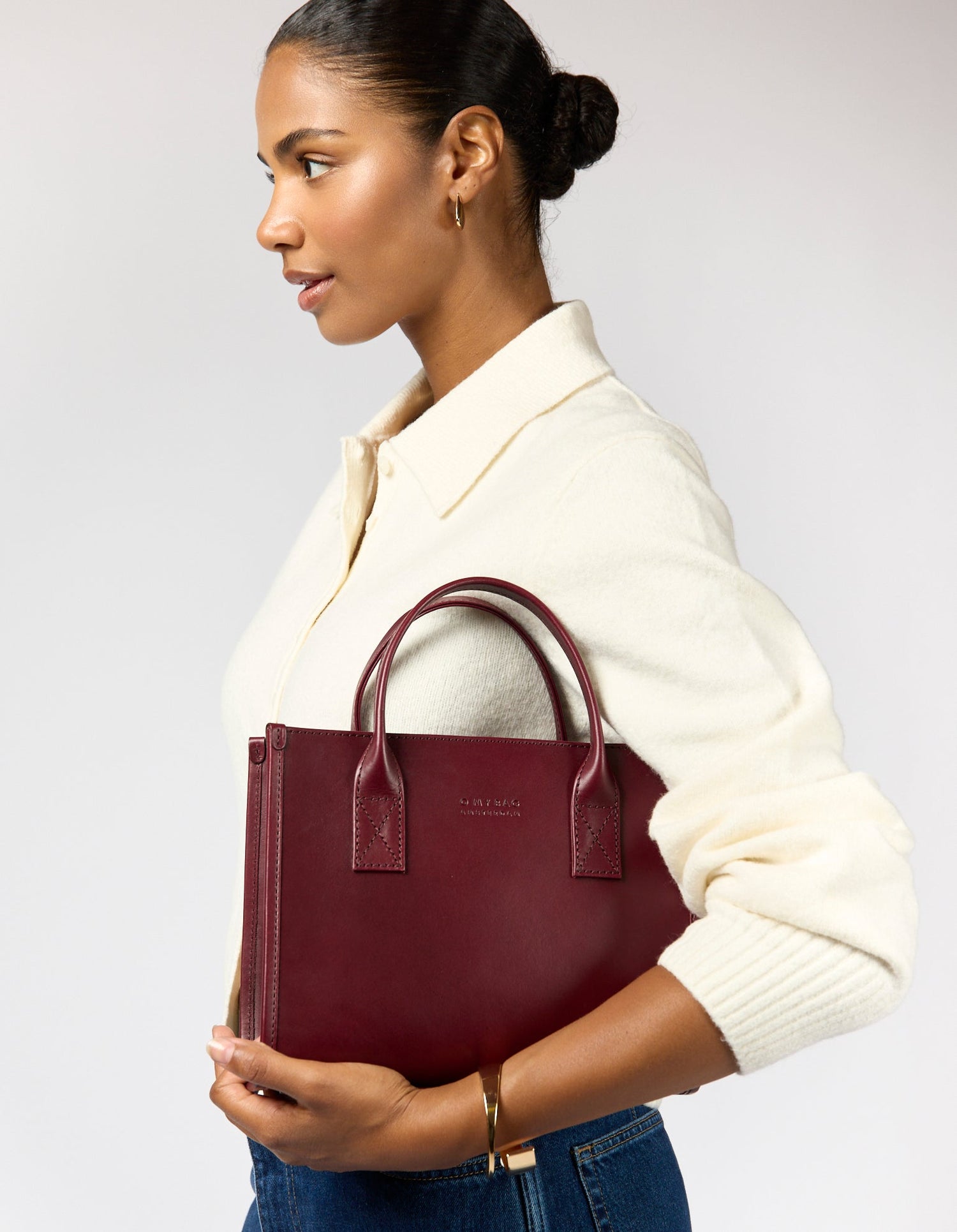 Jackie Midi Bag with Webbing Strap Classic Leather Dark Cherry
