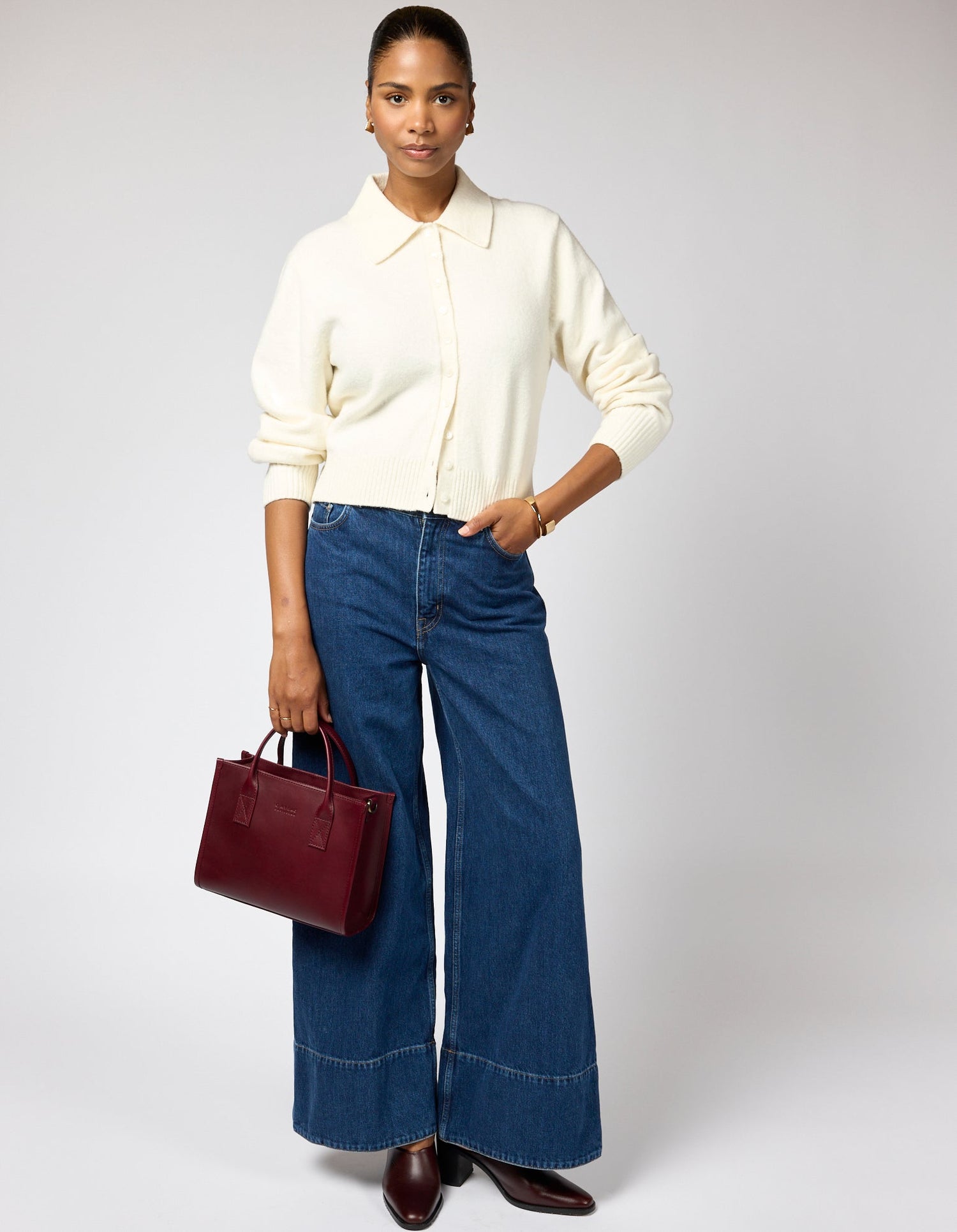 Jackie Midi Bag with Webbing Strap Classic Leather Dark Cherry