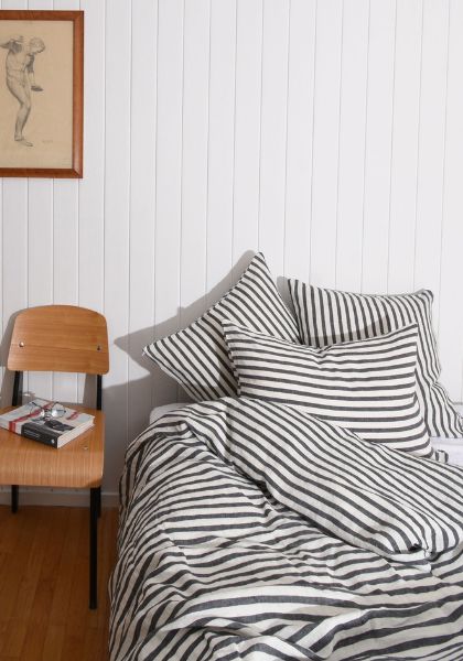 Linen Duvet Cover Set Black Stripe