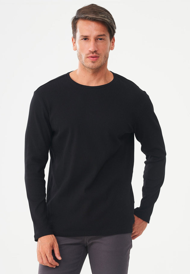 Men's Long-Sleeved Ribbed O-Neck Shirt Black
