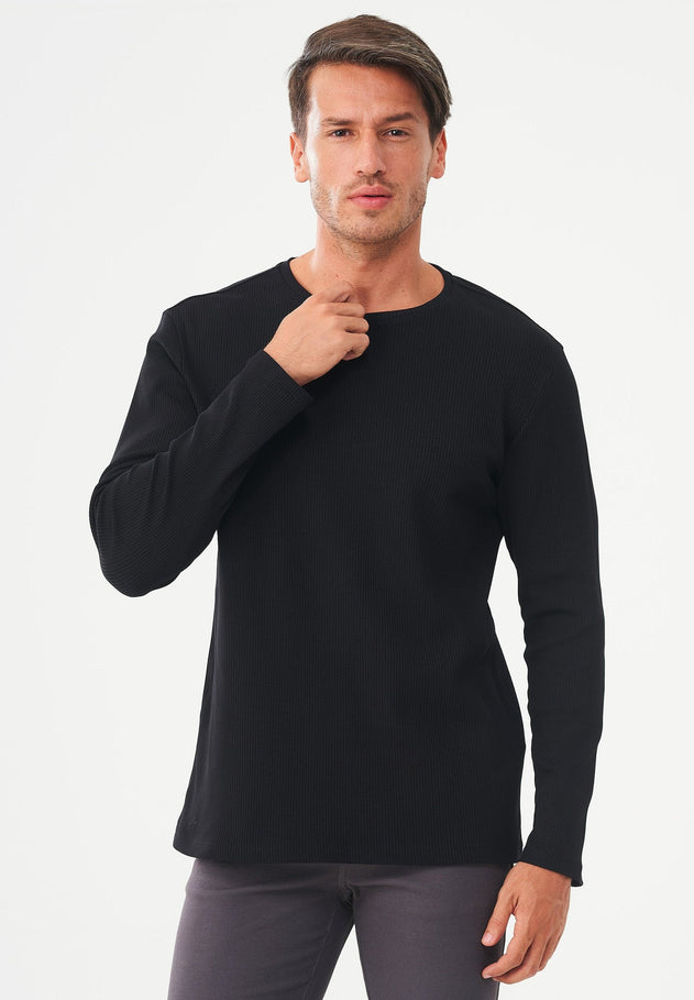 Men's Long-Sleeved Ribbed O-Neck Shirt Black