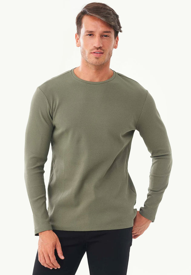 Men's Long-Sleeved Ribbed O-Neck Shirt Khaki