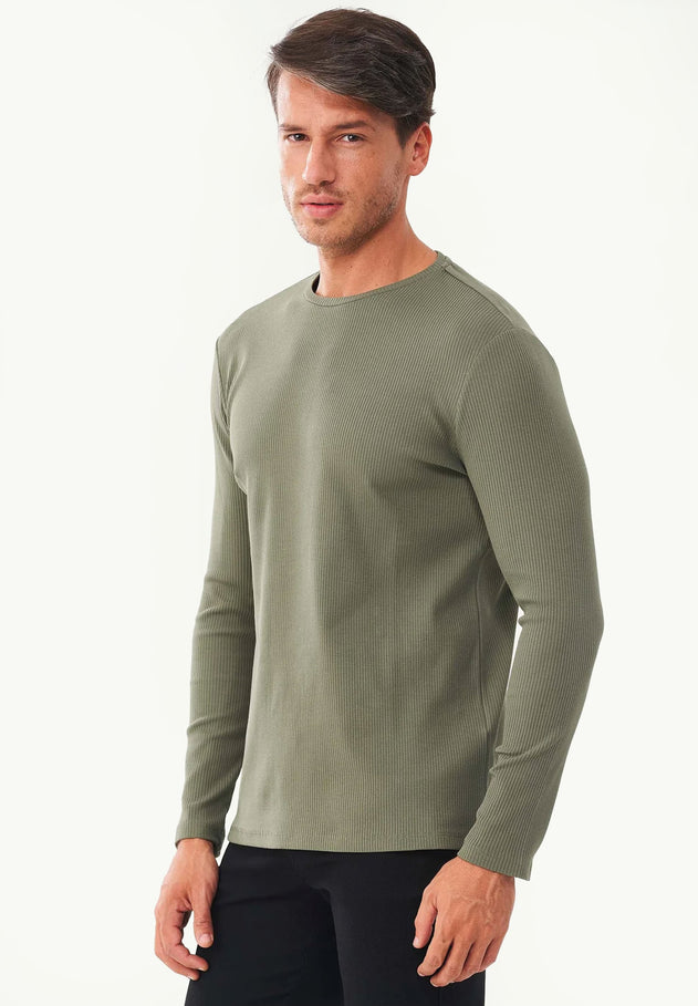 Men's Long-Sleeved Ribbed O-Neck Shirt Khaki