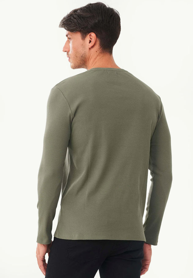 Men's Long-Sleeved Ribbed O-Neck Shirt Khaki