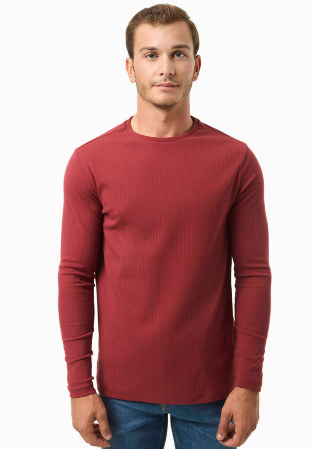 Men's Long-Sleeved Ribbed O-Neck Shirt Merlot