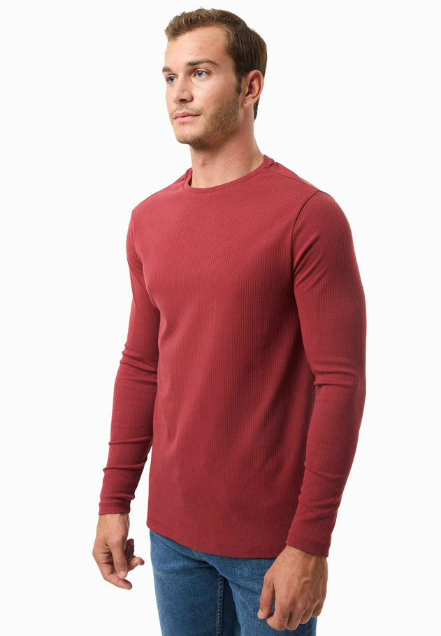 Men's Long-Sleeved Ribbed O-Neck Shirt Merlot