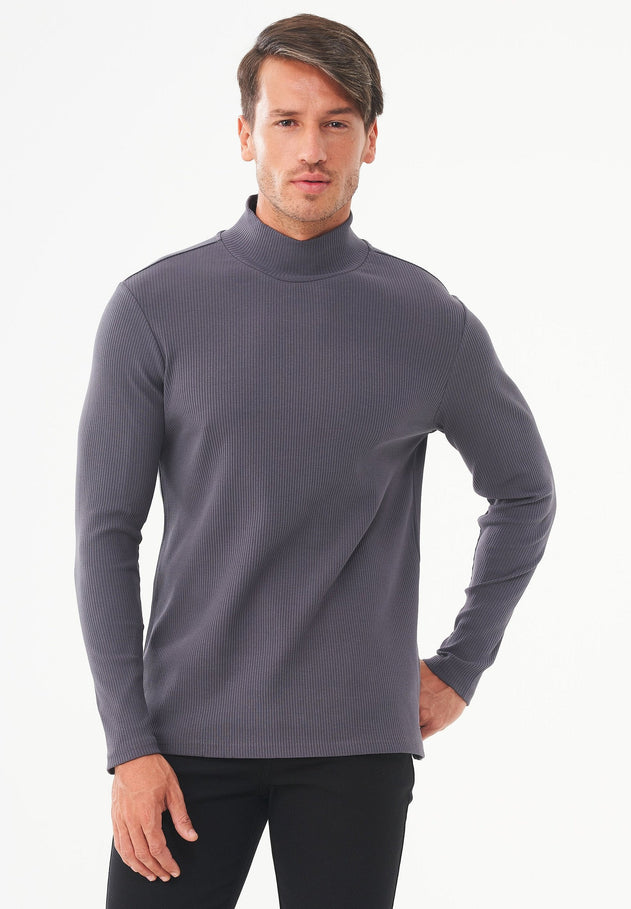 Men's Long-Sleeved Ribbed Turtleneck Shirt Asphalt