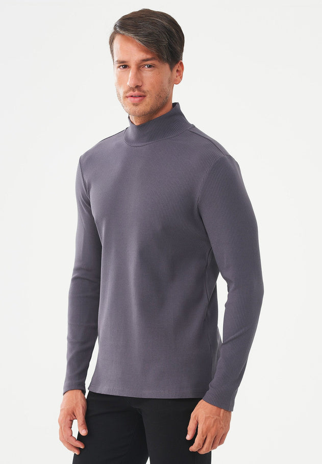 Men's Long-Sleeved Ribbed Turtleneck Shirt Asphalt