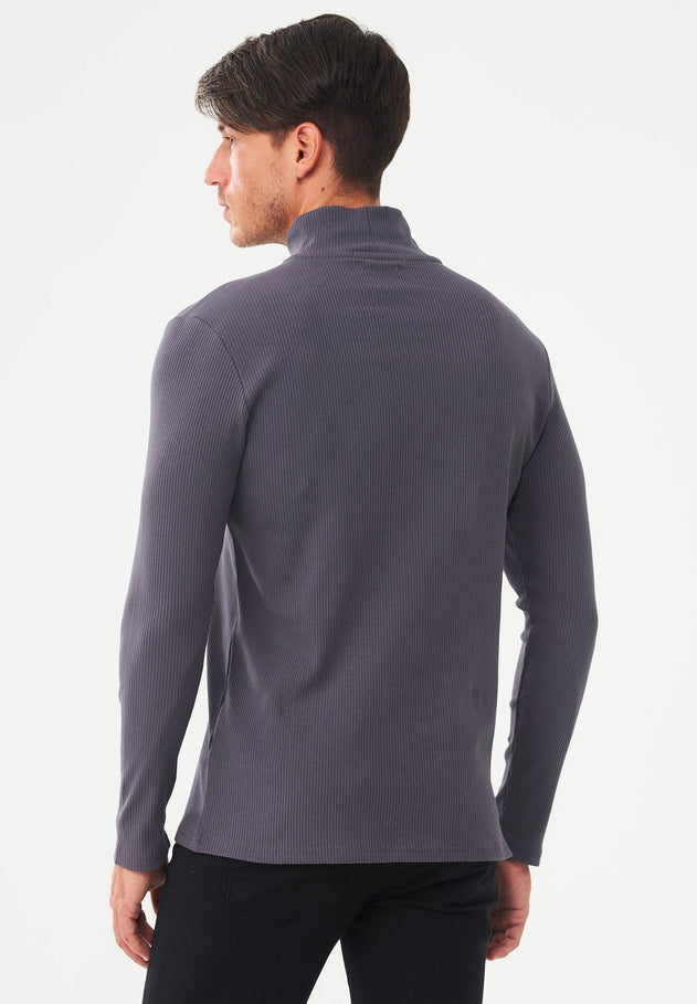 Men's Long-Sleeved Ribbed Turtleneck Shirt Asphalt