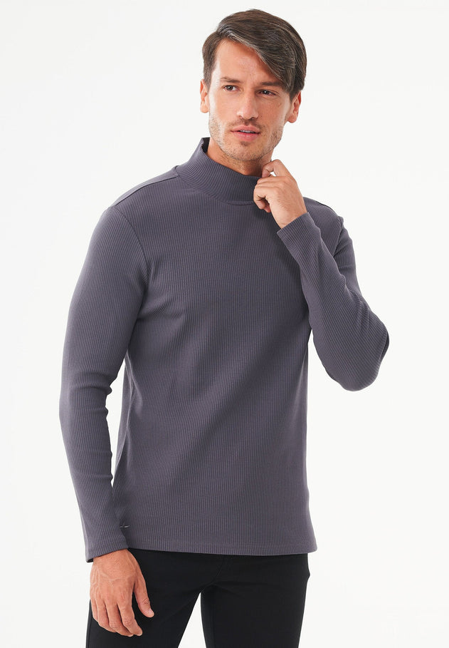 Men's Long-Sleeved Ribbed Turtleneck Shirt Asphalt