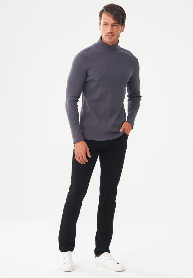 Men's Long-Sleeved Ribbed Turtleneck Shirt Asphalt