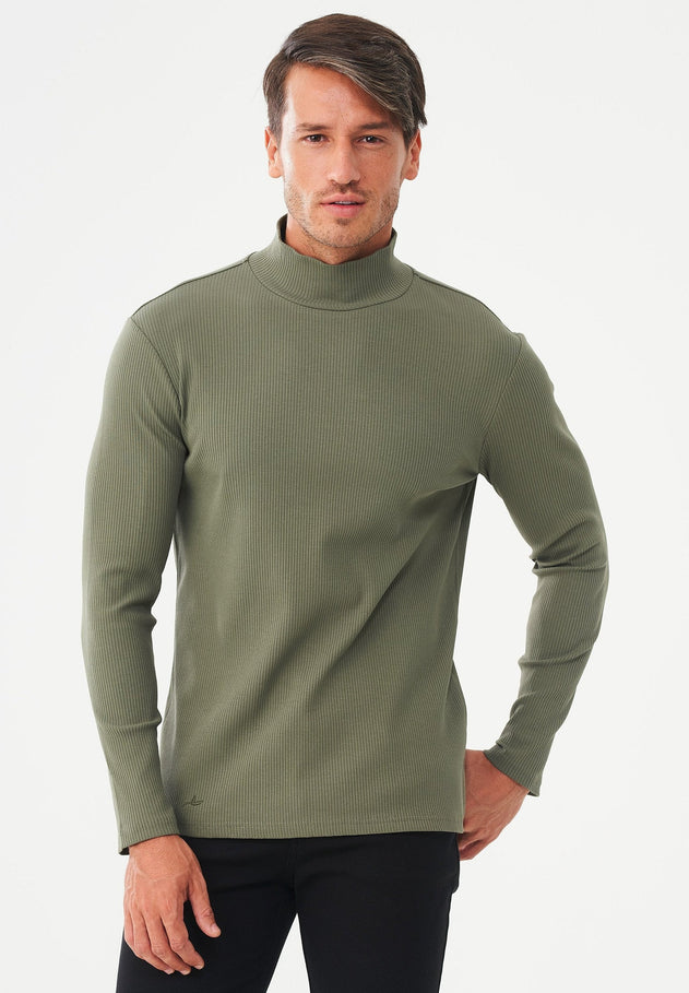 Men's Long-Sleeved Ribbed Turtleneck Shirt Khaki