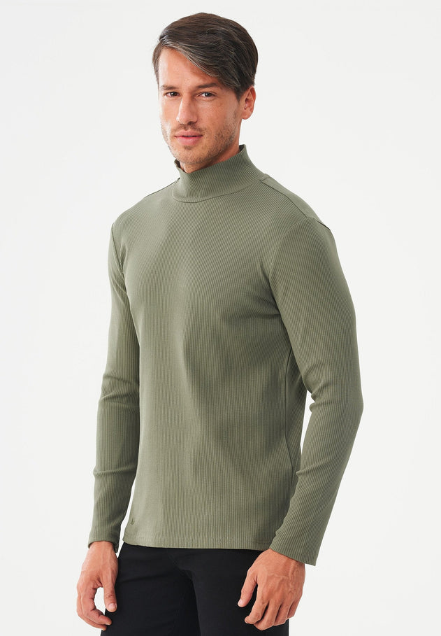 Men's Long-Sleeved Ribbed Turtleneck Shirt Khaki