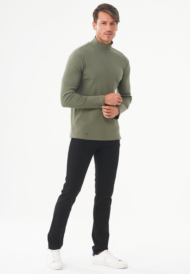 Men's Long-Sleeved Ribbed Turtleneck Shirt Khaki