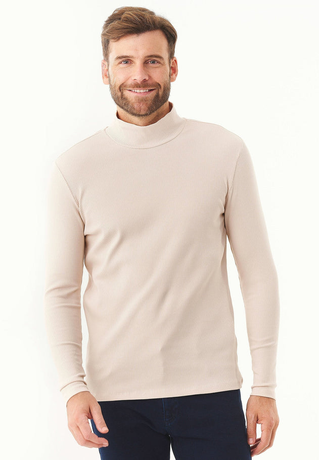 Men's Long-Sleeved Ribbed Turtleneck Shirt Stone