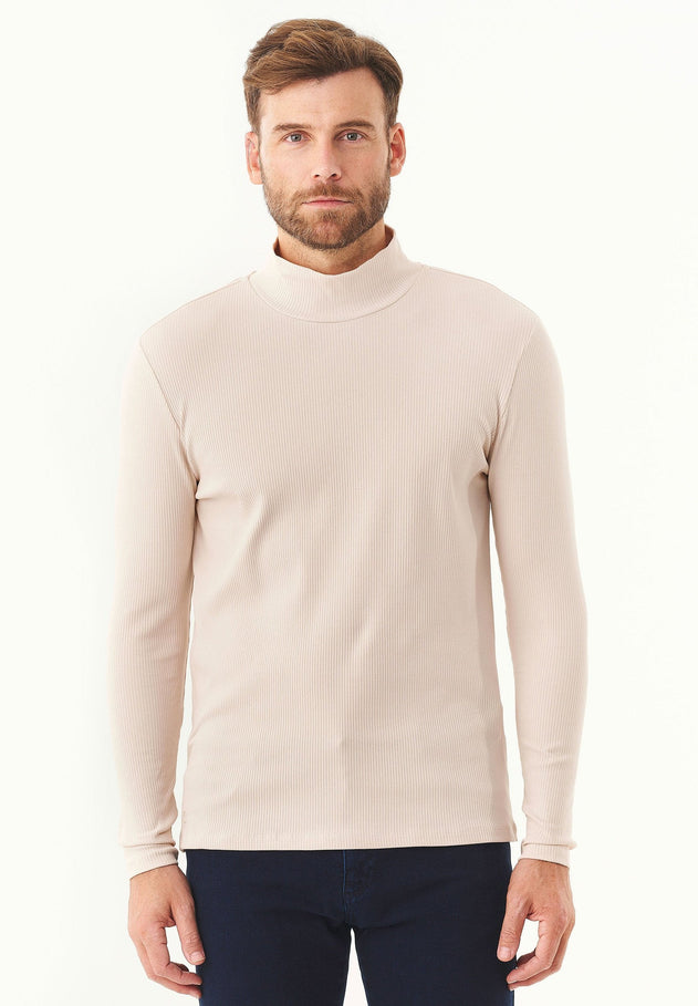 Men's Long-Sleeved Ribbed Turtleneck Shirt Stone