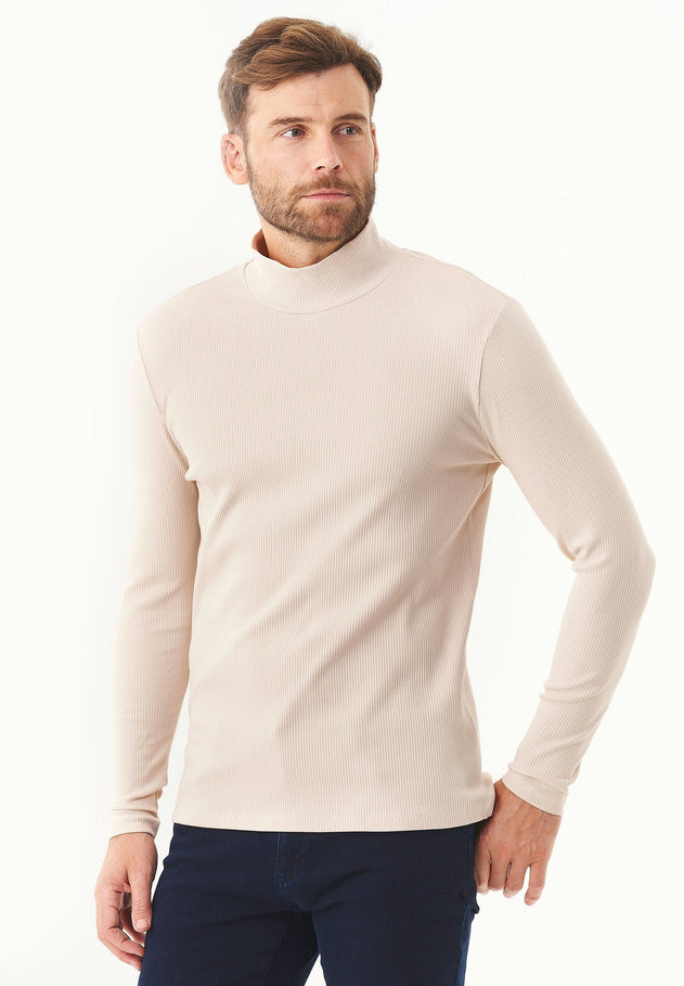 Men's Long-Sleeved Ribbed Turtleneck Shirt Stone