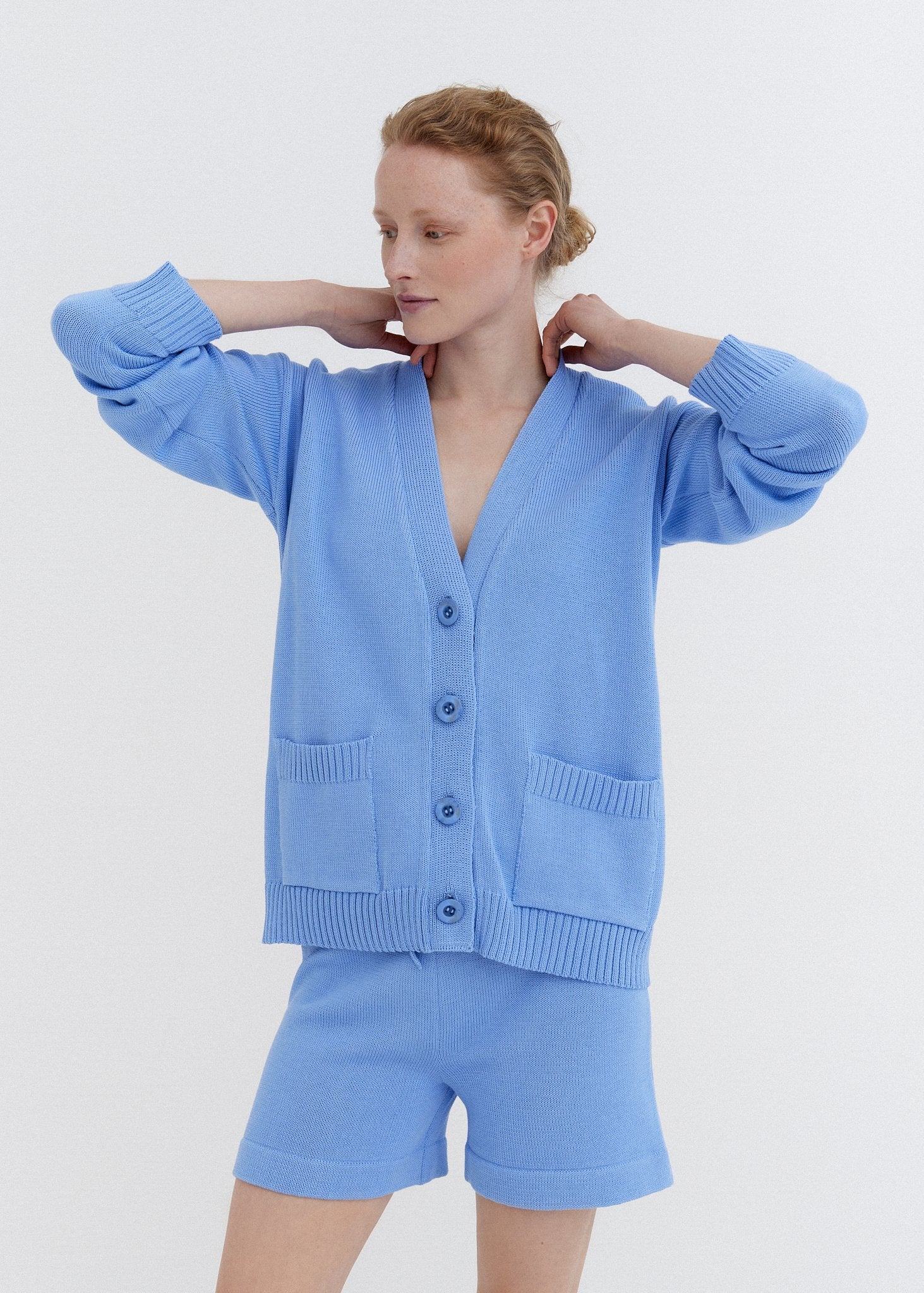 Knitted Cotton Cardigan with Buttons Sky