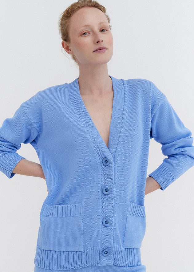 Knitted Cotton Cardigan and Shorts Set Sky
