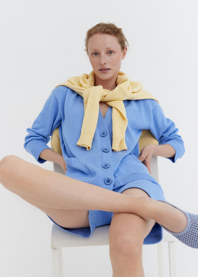 Knitted Cotton Cardigan with Buttons Sky