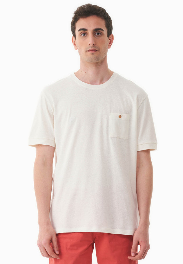 Men's Linen Blend T-Shirt With Chest Pocket Off White