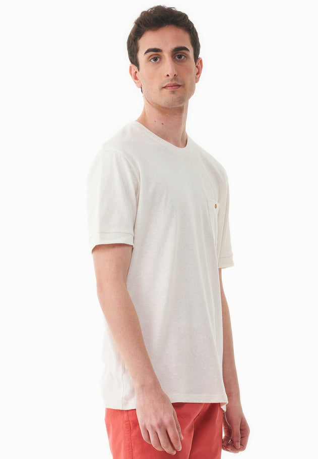 Men's Linen Blend T-Shirt With Chest Pocket Off White