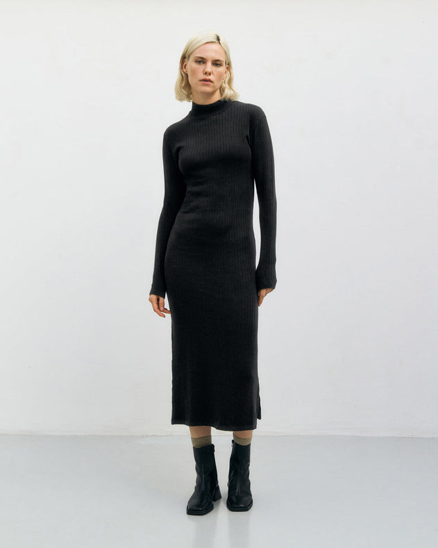 Heavy Ribbed Mockneck Dress Black
