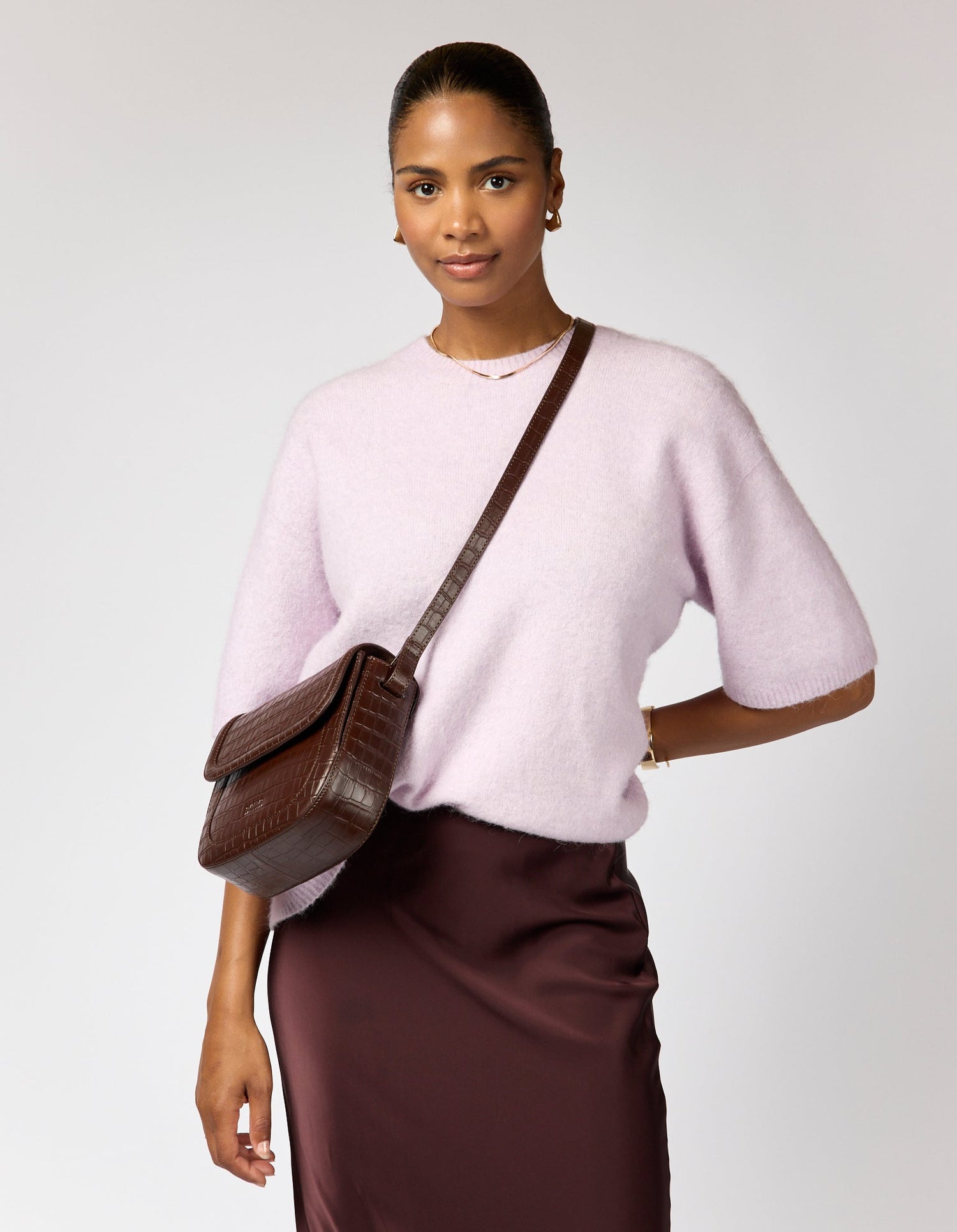 Nina Bag Croco Print Leather Chocolate Brown