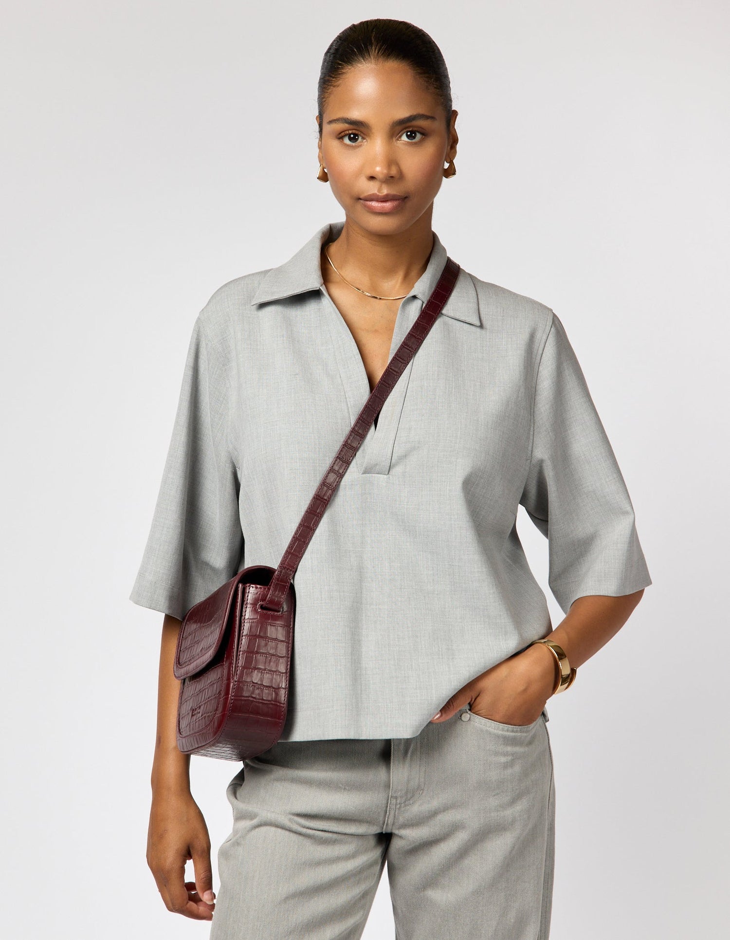Nina Bag Croco Print Leather Dark Cherry
