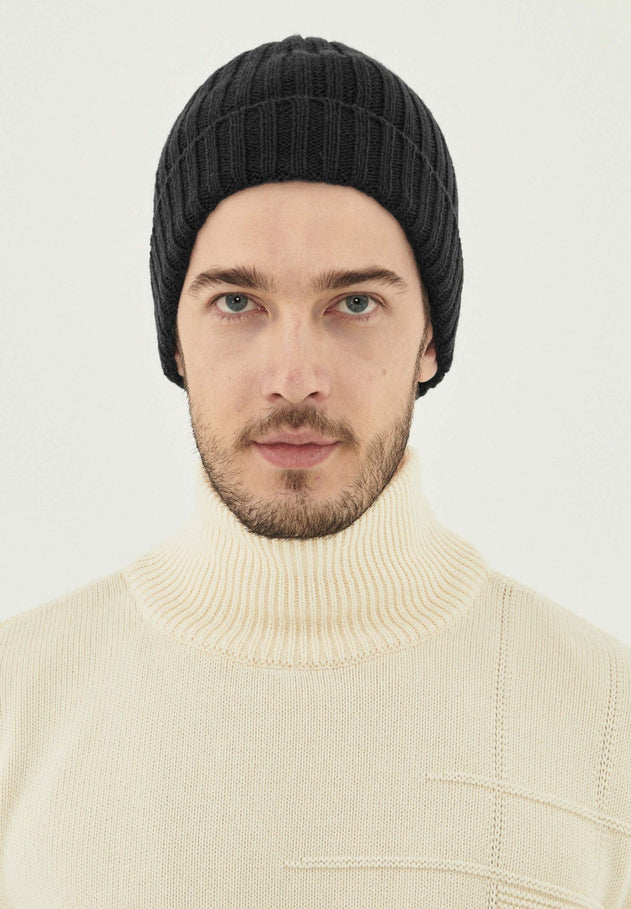 Wide Rib Merino Wool Blend Beanie Black