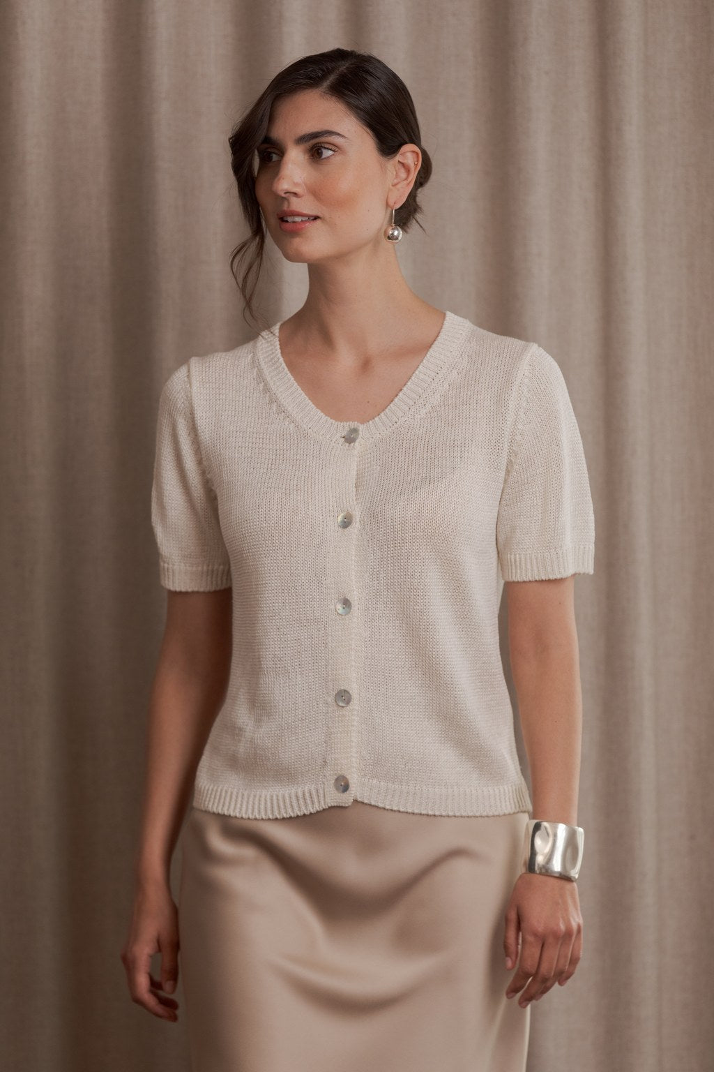Short Sleeve Linen Blend Cardigan Cream