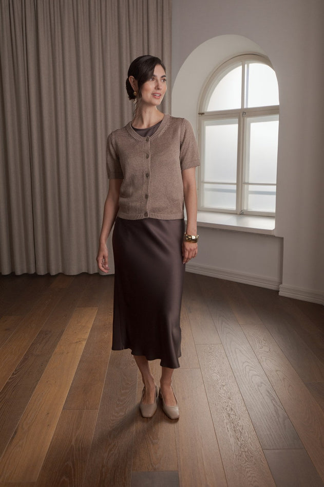 Short Sleeve Linen Blend Cardigan Greige