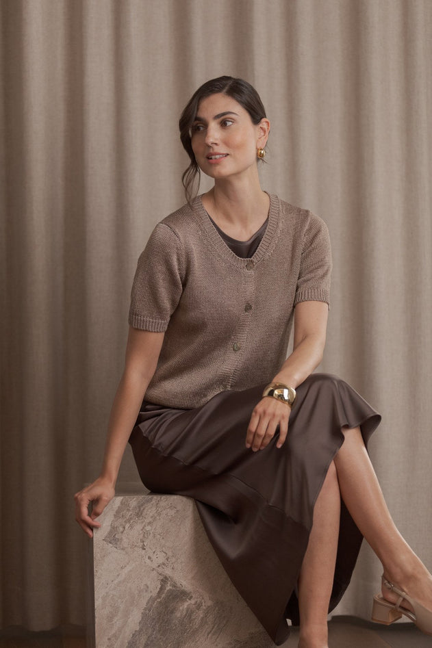 Short Sleeve Linen Blend Cardigan Greige