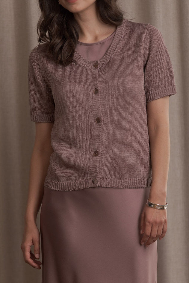 Short Sleeve Linen Blend Cardigan Mauve