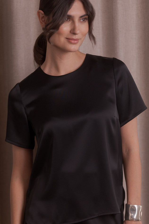 Tessa Short Sleeve Satin Shirt Black