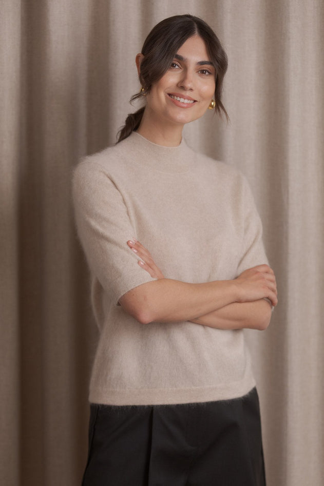Short-sleeved Half-Plaid Collar Cashmere Sweater Latte