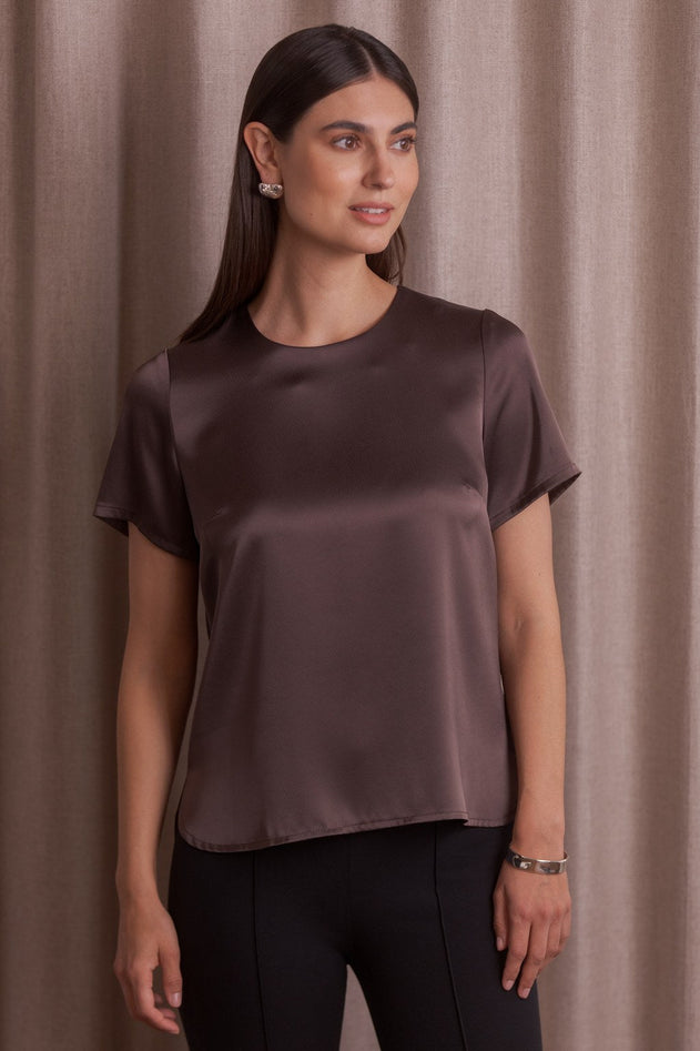 Tessa Short Sleeve Satin Shirt Dark Chocolate