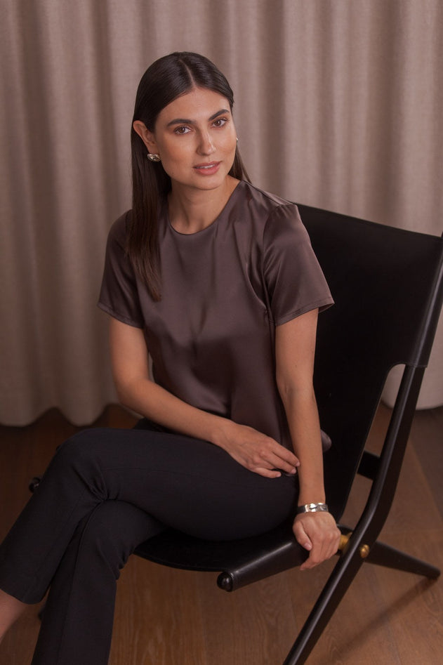 Tessa Short Sleeve Satin Shirt Dark Chocolate