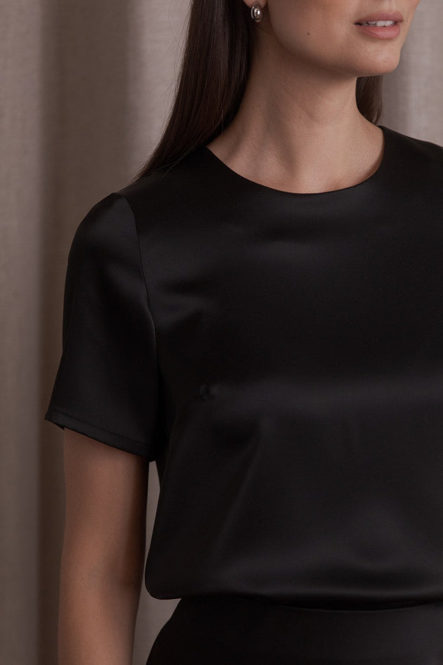 Tessa Short Sleeve Satin Shirt Black