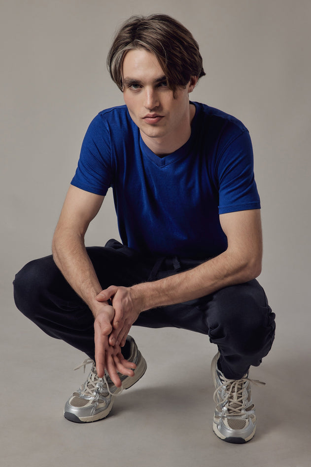 Stretch Jersey V-Neck T-Shirt Blue