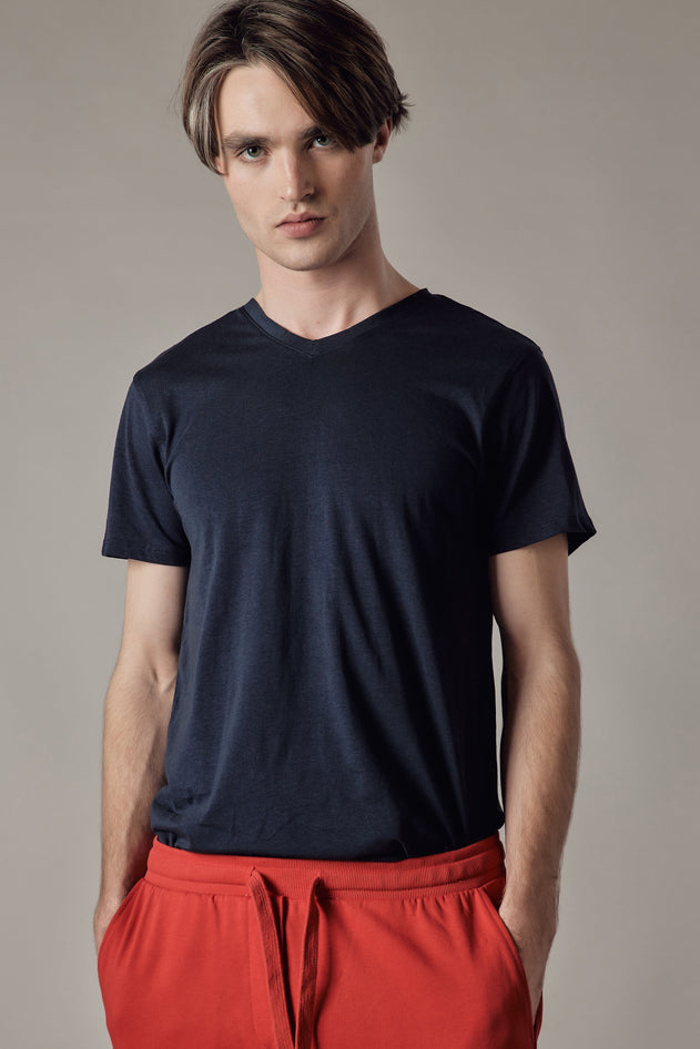 Stretch Jersey V-Neck T-Shirt Blue