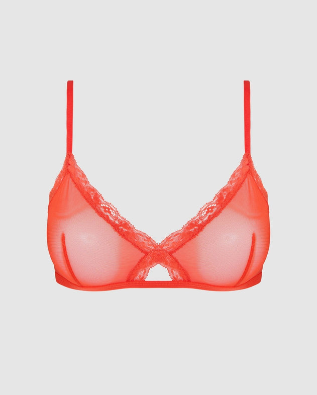 Mesh Lace Trim Triangle Bralette Fiery Red