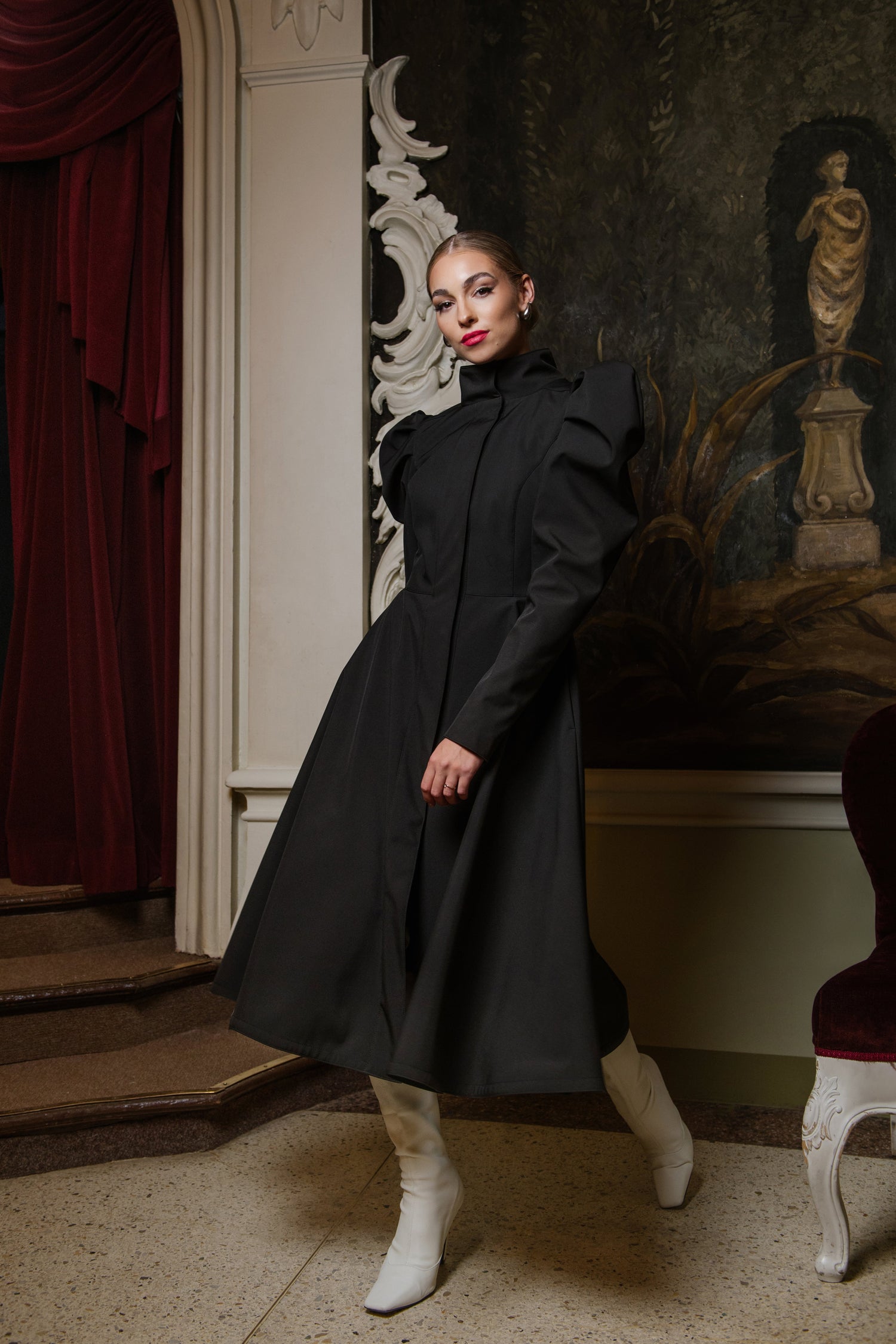 Fit and Flare Raincoat with Puff Sleeves Majestic Black