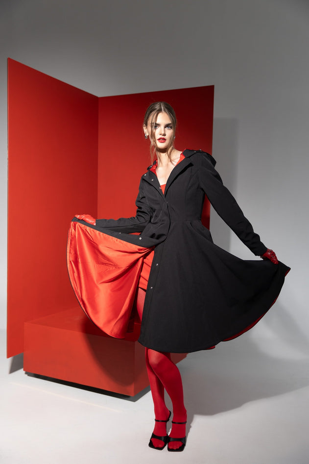 Fit and Flare Raincoat with Full Circle Hem Raven Black / Red