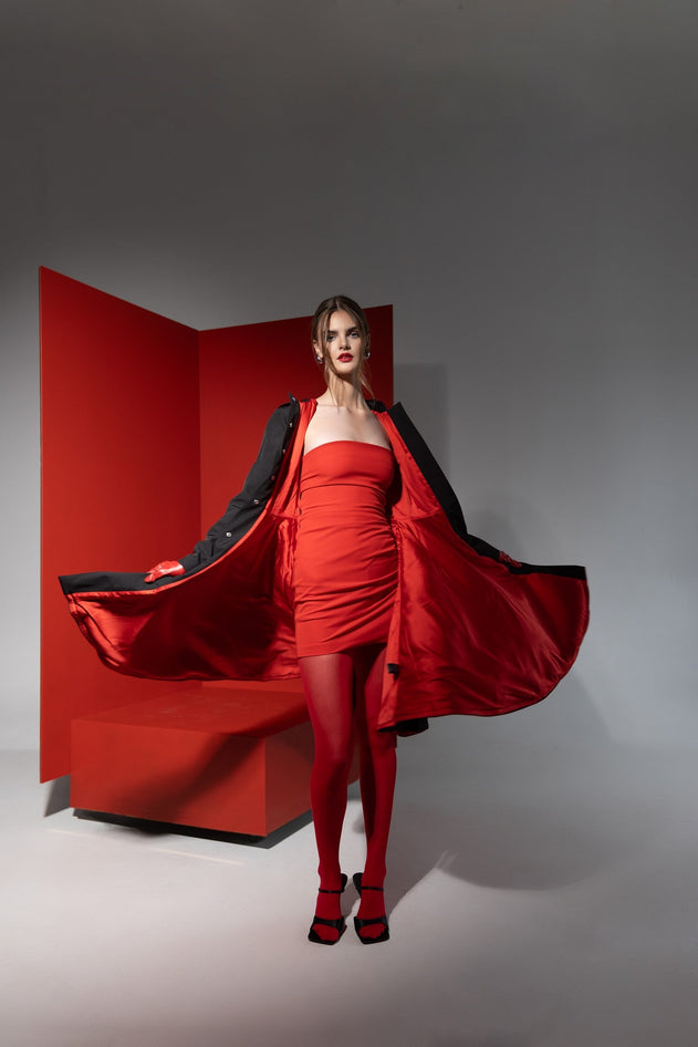 Fit and Flare Raincoat with Full Circle Hem Raven Black / Red