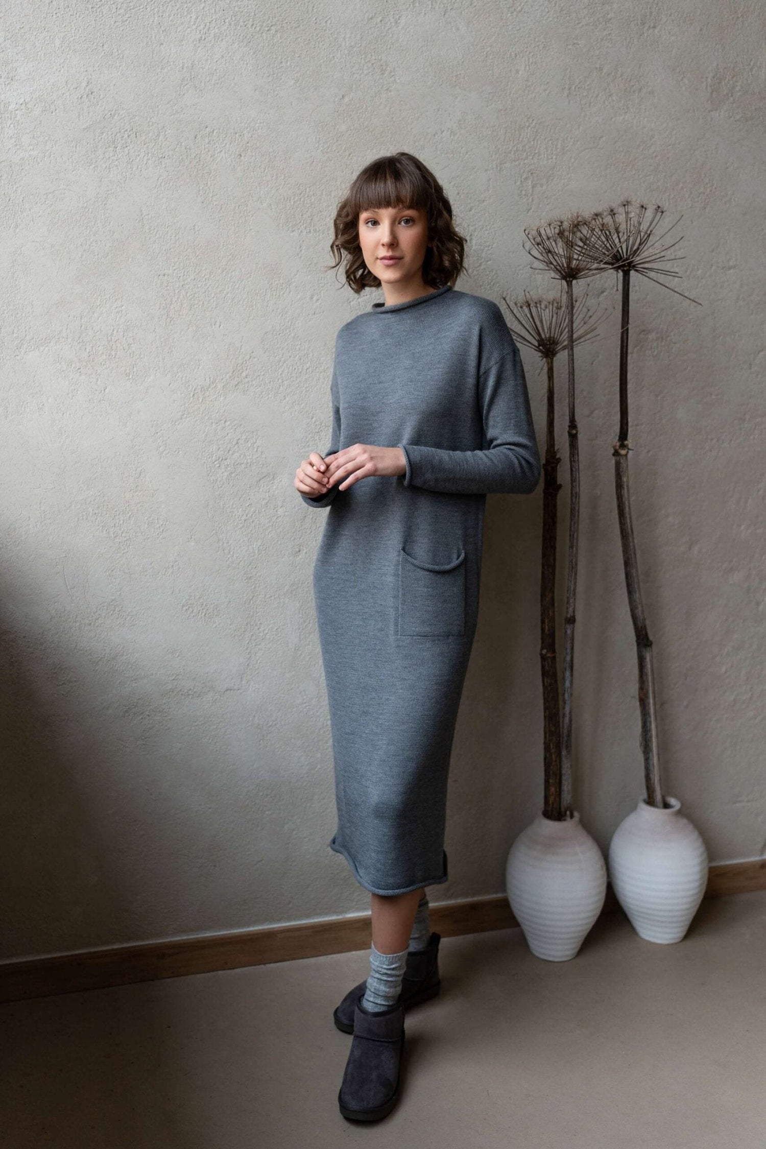 Longline Merino Wool Dress With Turn-Up Trims