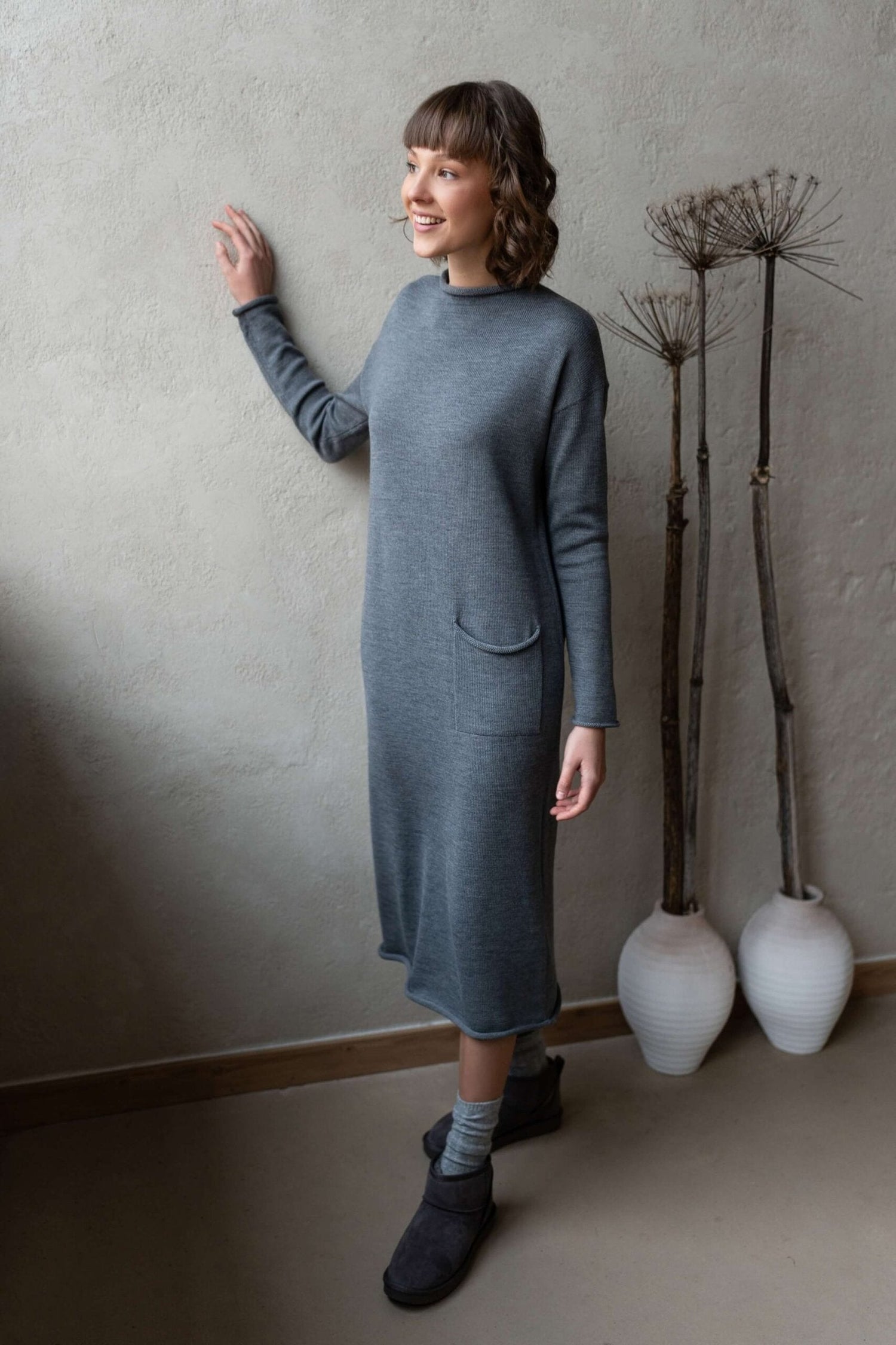 Longline Merino Wool Dress With Turn-Up Trims