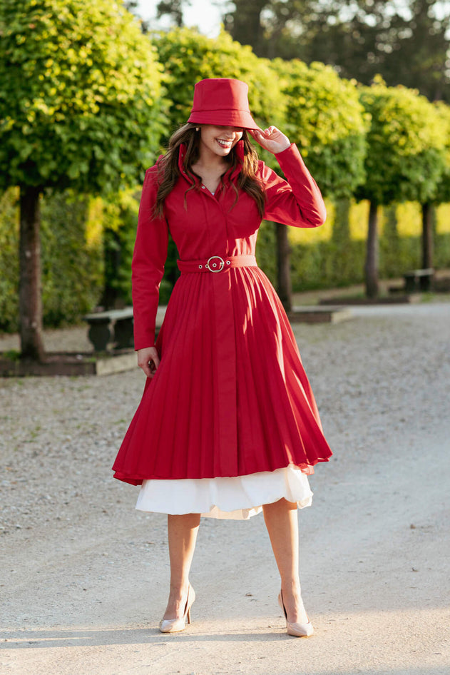 Fit and Flare Red Women's A-line Coat with Pleated Skirt Scarlet Waltz Red