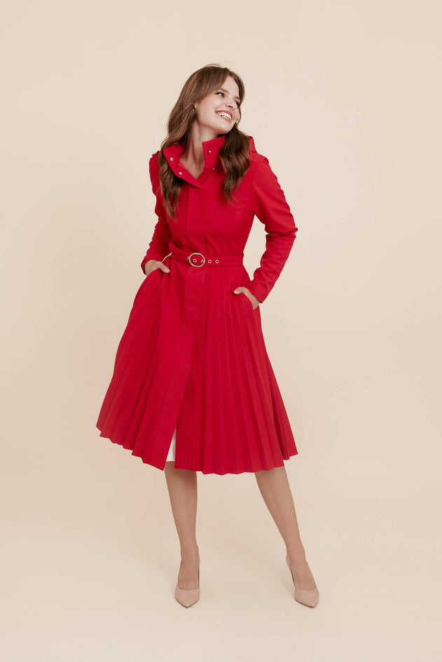 Fit and Flare Red Women's A-line Coat with Pleated Skirt Scarlet Waltz Red