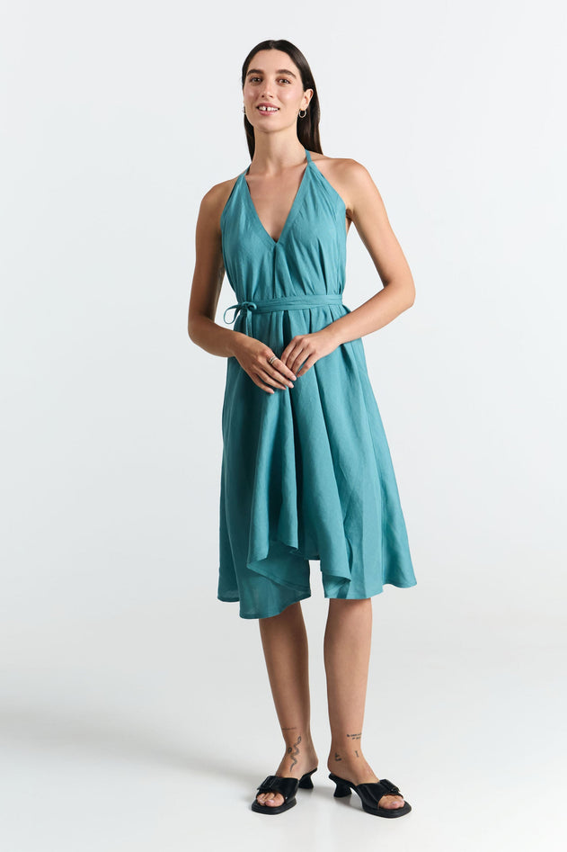 Multiposition Short Linen-Viscose Dress Blue